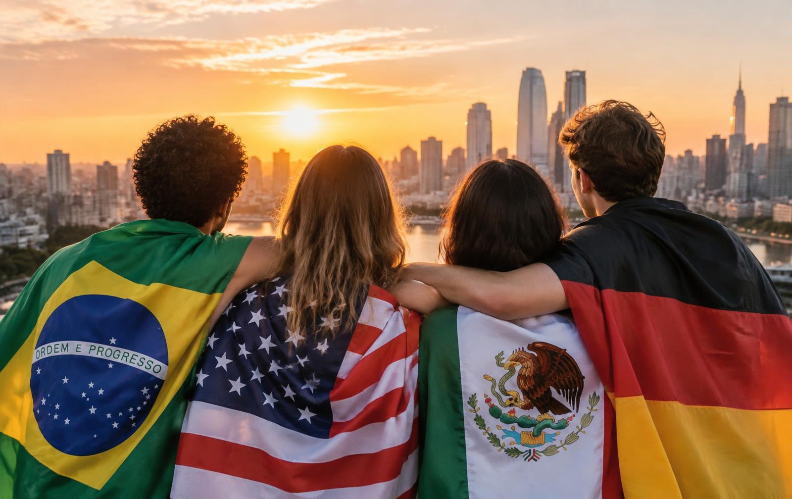 Four friends wrapped in different national flags looking out over a city skyline