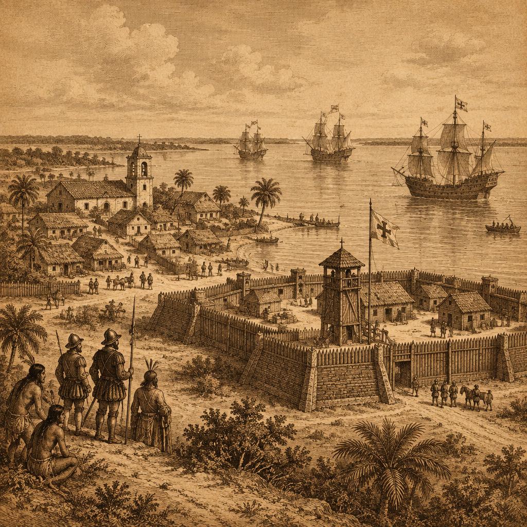 An engraved view of the St. Augustine settlement and harbor