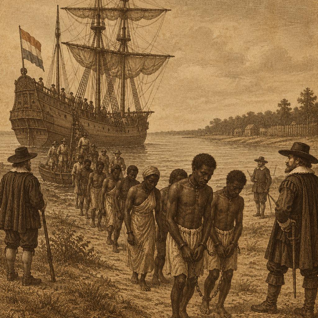 An engraved scene of the first enslaved Africans arriving in Virginia