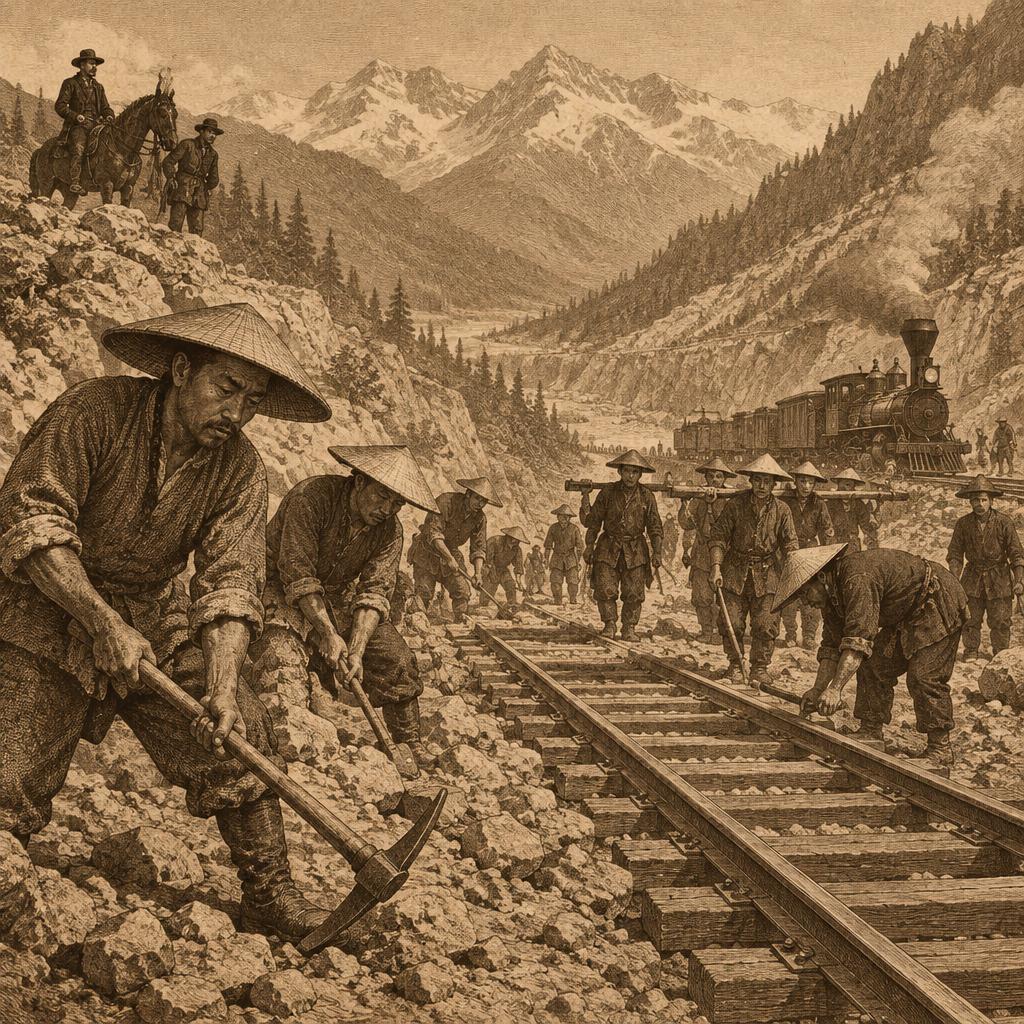 An engraved scene of Chinese workers building the transcontinental railroad