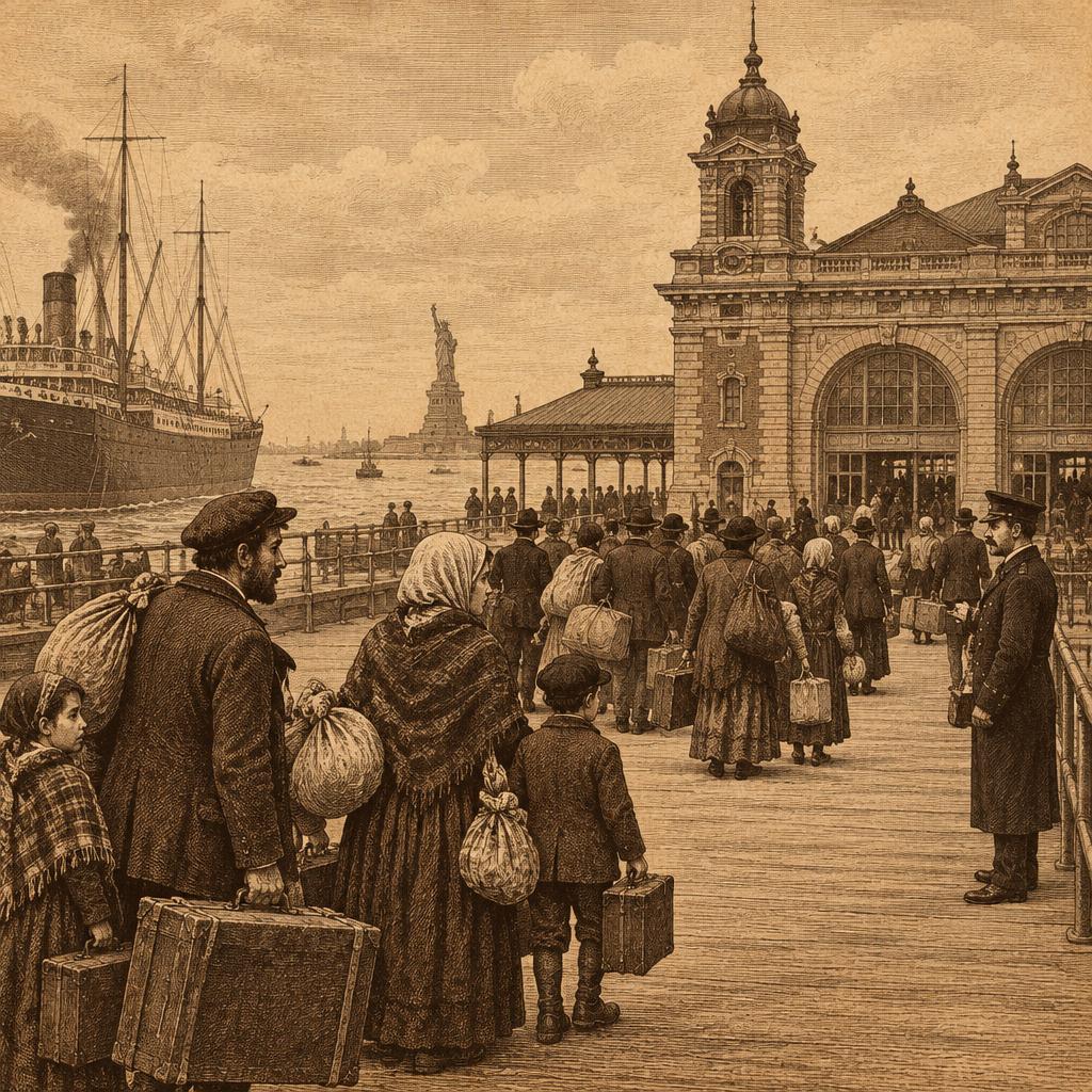 An engraved scene of immigrant families arriving at Ellis Island