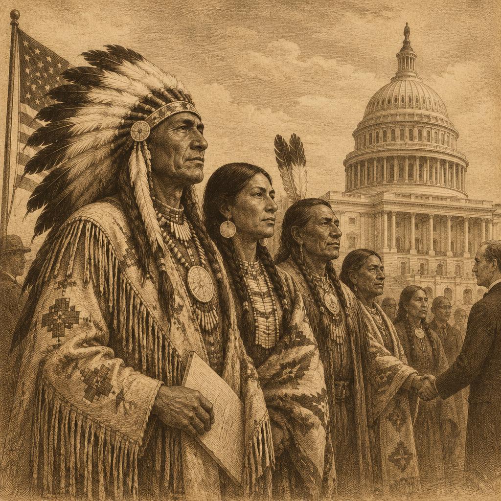An engraved scene of Native American leaders before the US Capitol