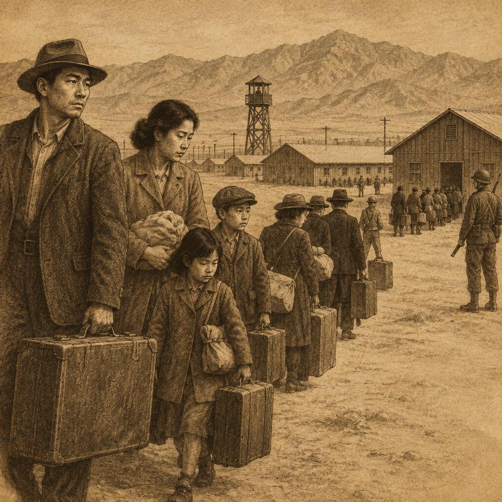 An engraved scene of Japanese American families arriving at an incarceration camp