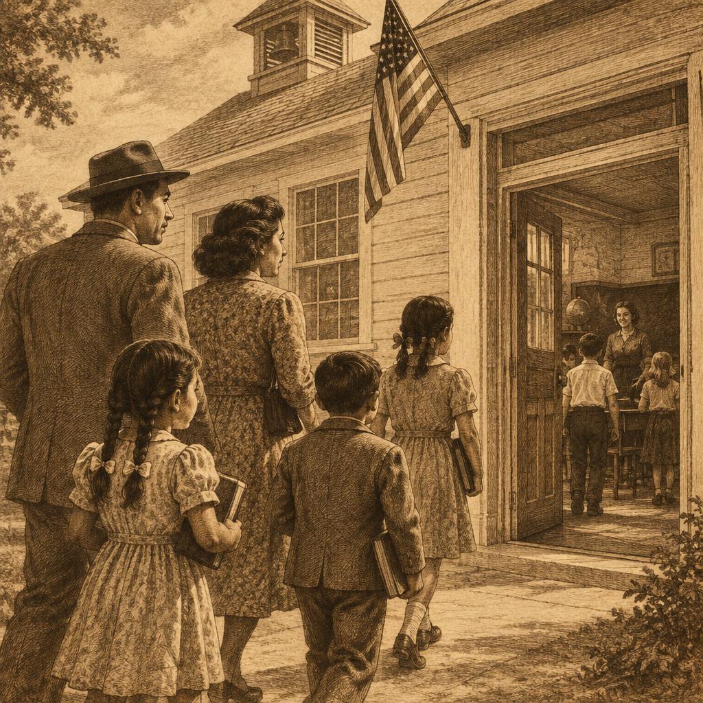 An engraved scene of Mexican American children entering a schoolhouse