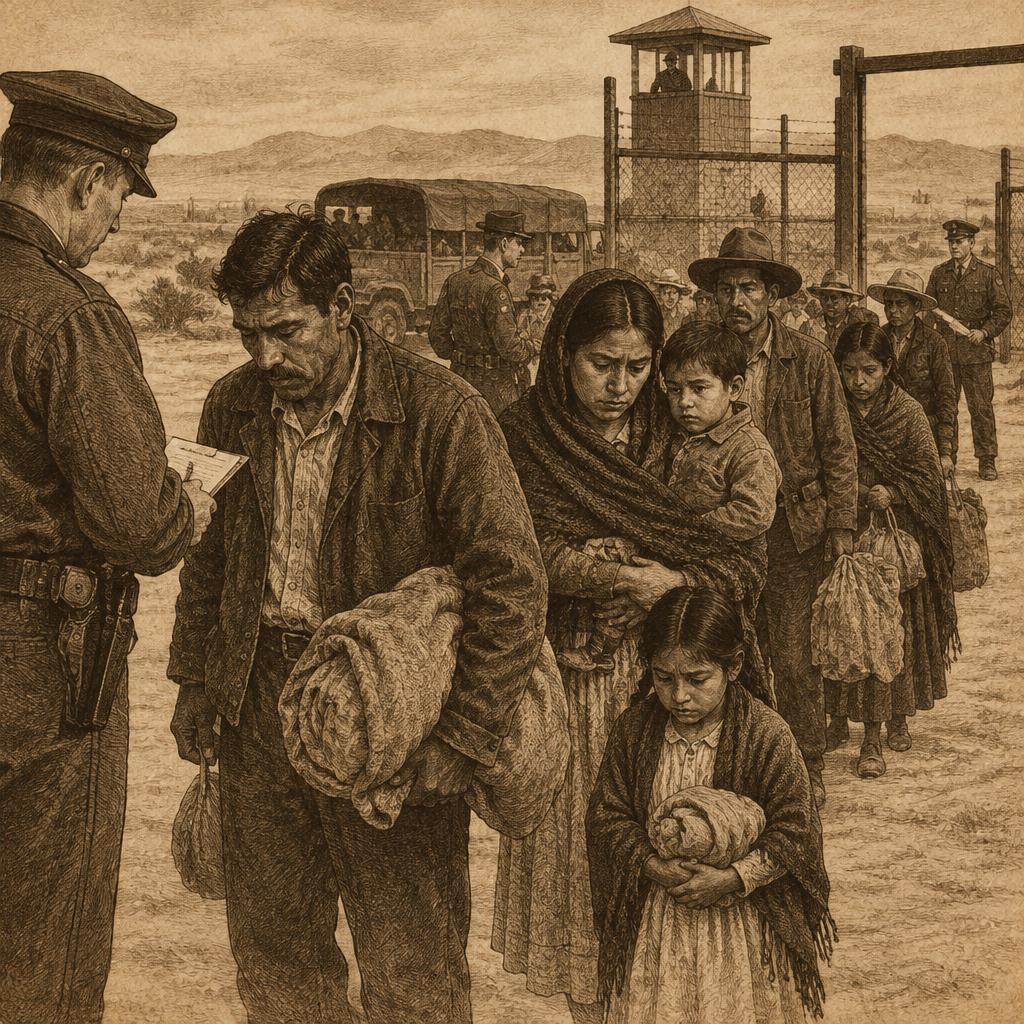 An engraved scene of Mexican American families at a deportation checkpoint
