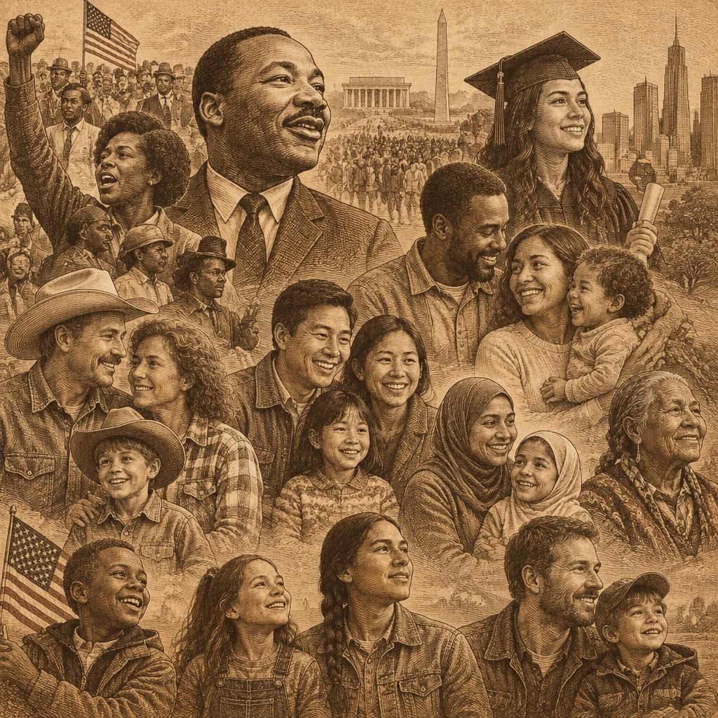 An engraved portrait of diverse American families across generations