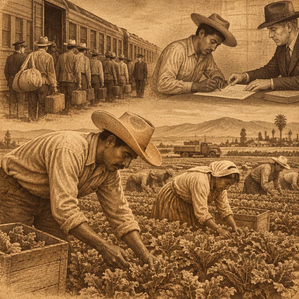 An engraved scene of Bracero Program farmworkers in California fields