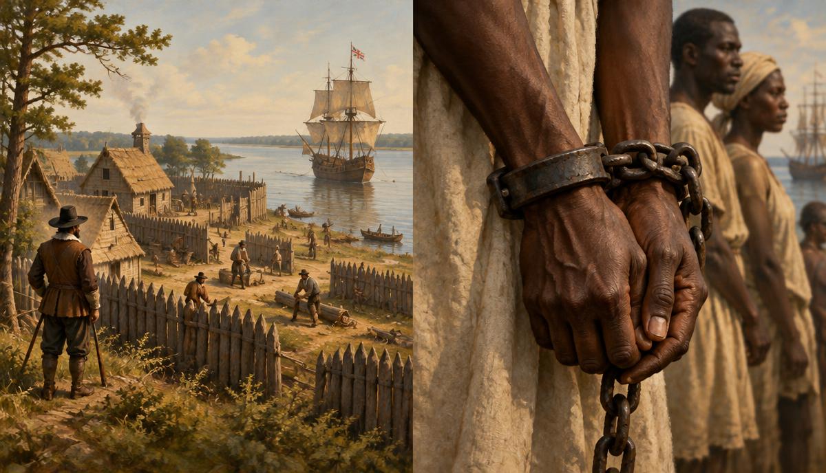 An illustrated reconstruction of the Jamestown settlement beside the river