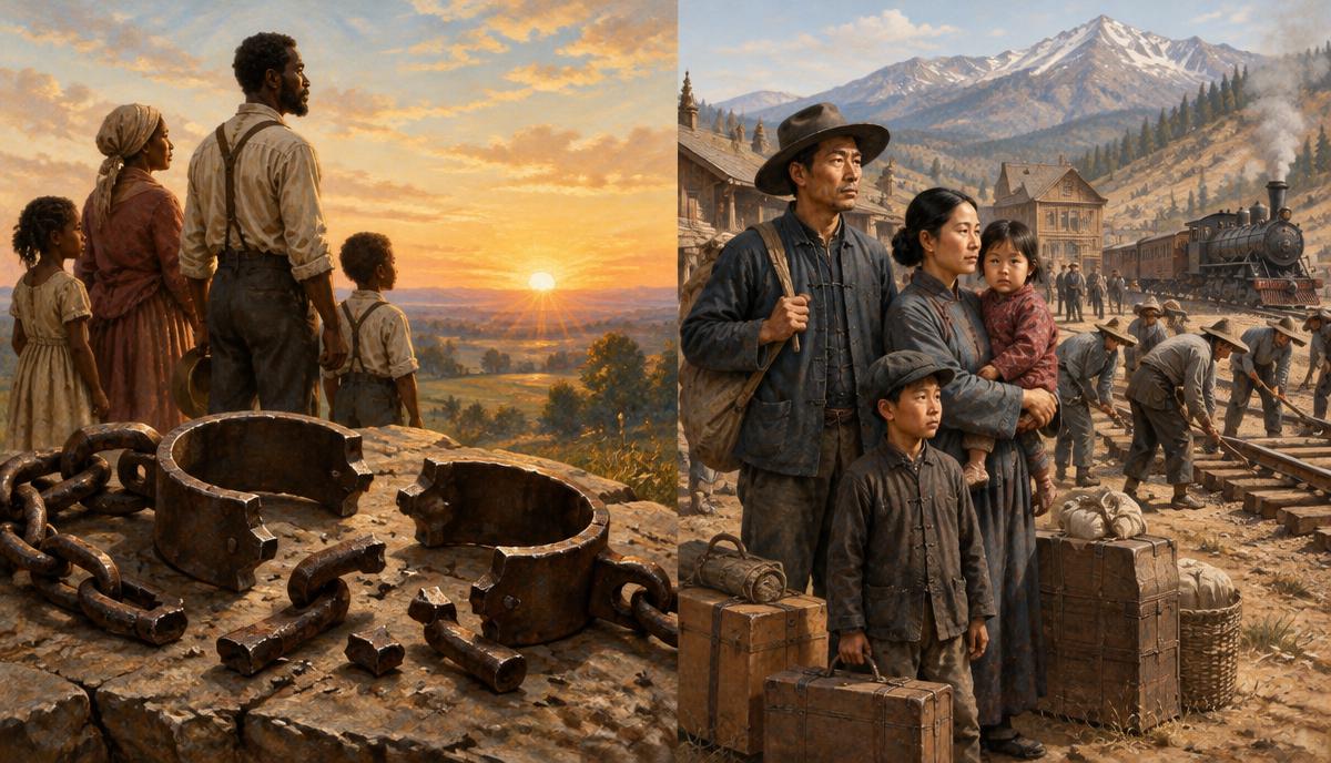 Broken shackles at sunrise symbolizing abolition
