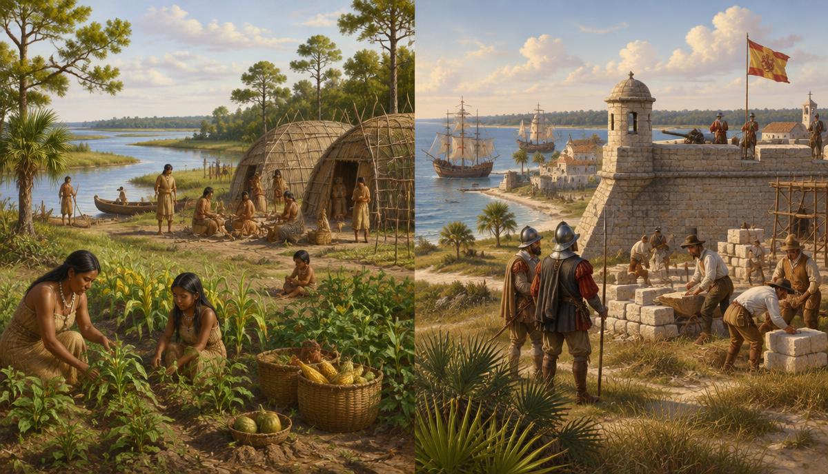 An illustrated Indigenous community living and farming beside a river